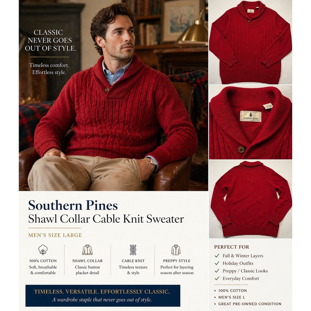 Southern Pines Shawl Collar Sweater Red Cable Knit Cotton Men L Preppy Statement